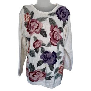 Vintage Chrysantheme Hand Knitted Embroidered Floral Flowers White Sweater Ramie